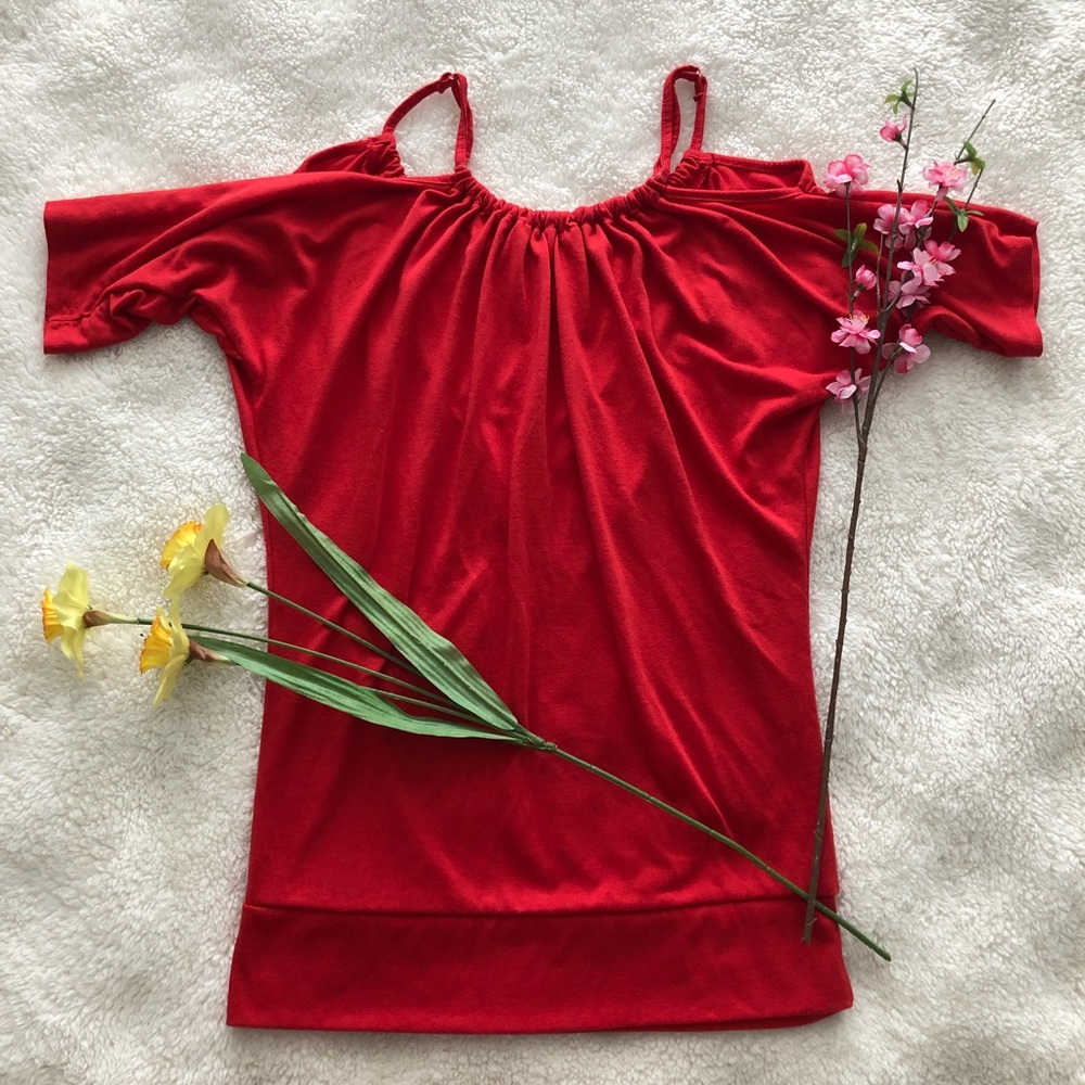 Red Top w/ Cold Shoulder & Adjustable Neckline